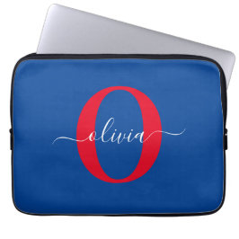 Personlig Monogram skript Namn Blue White Red Laptop Fodral
