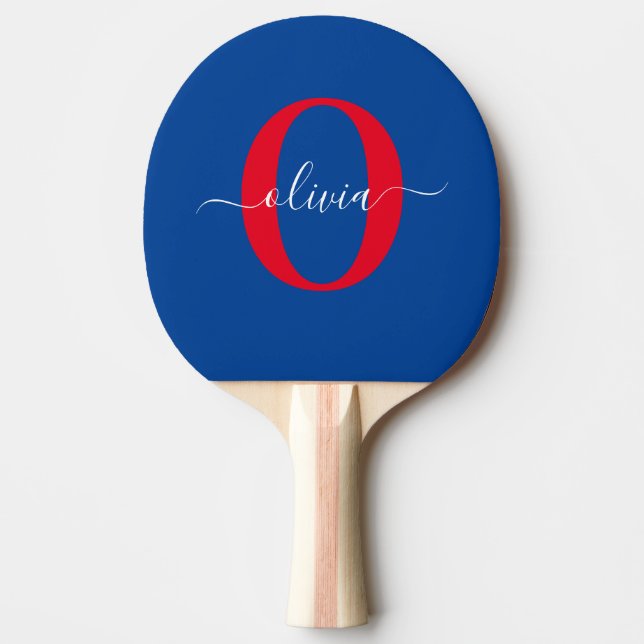 Personlig Monogram skript Namn Blue White Red Pingisracket (Framsidan)