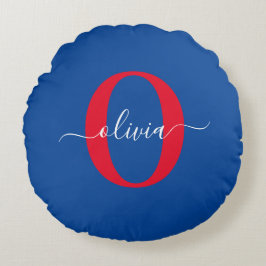 Personlig Monogram skript Namn Blue White Red Rund Kudde