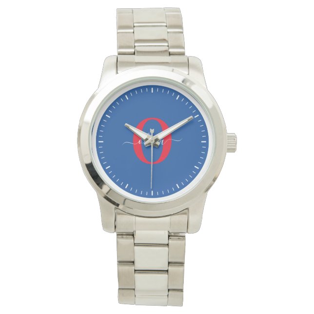 Personlig monogram skriptnamn Blå vit röd Armbandsur (Framsida)