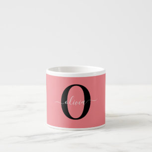 Personlig monogram skriptnamn svart vit rosa espressomugg