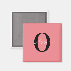 Personlig monogram skriptnamn svart vit rosa magnet