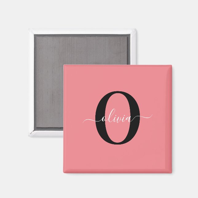 Personlig monogram skriptnamn svart vit rosa magnet (Front/Back)