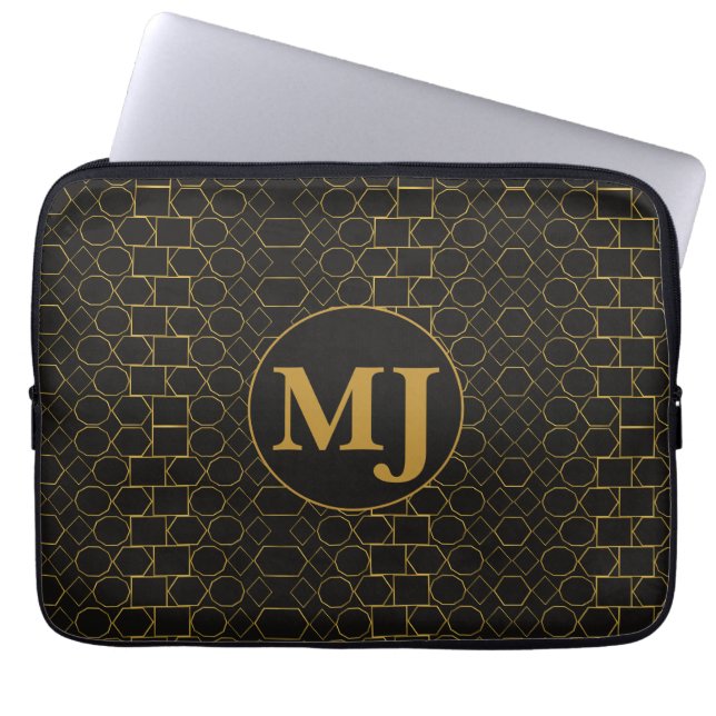 Personlig monogram svart & guld geometrisk present laptop fodral (Framsidan)