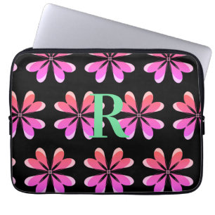 Personlig Monogram svart rosa blommigt Laptop Fodral
