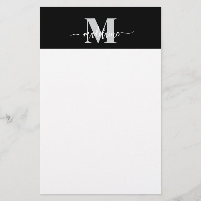 Personlig Monogram Svart Silver Vit Brevpapper (Framsida)
