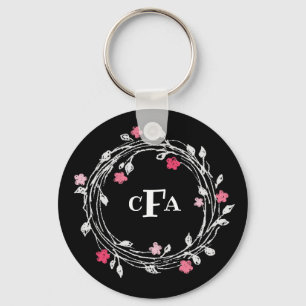 Personlig monogram svart & vit blomsterkrans nyckelring