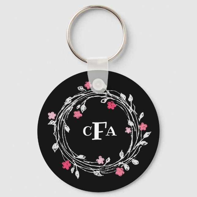 Personlig monogram svart & vit blomsterkrans nyckelring (Framsida)
