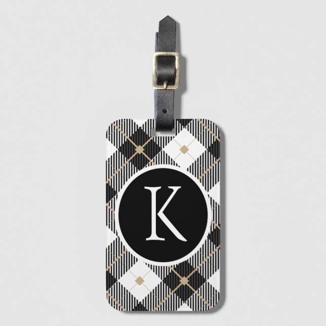 Personlig Monogram Svart Vit Guld Plaid Bagagebricka (Framsida vertikal)