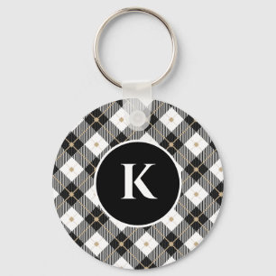 Personlig monogram svart vit guld Plaid Nyckelring