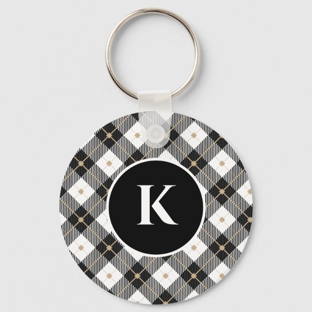 Personlig monogram svart vit guld Plaid Nyckelring (Framsida)