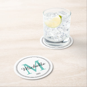 Personlig Monogram Teal Underlägg Papper Rund