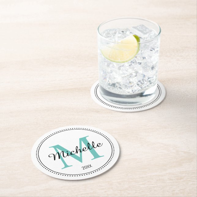 Personlig Monogram Teal Underlägg Papper Rund (Insitu)