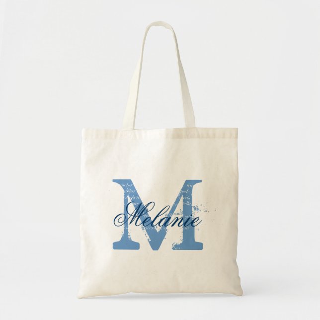 Personlig monogram till påse | blått och vitt tygkasse (Framsidan)