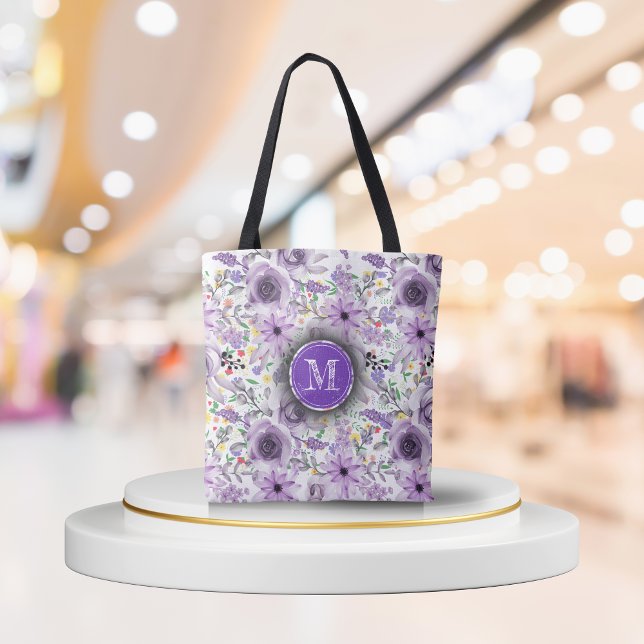 Personlig Monogram Tote Bag - Lila Watercolor Tygkasse (Personalized Monogram Tote Bag - Purple Watercolor Floral, Spring Style)