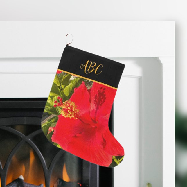 Personlig Monogram Tropical Red Flower Stor Julstrumpa (Skapare uppladdad)