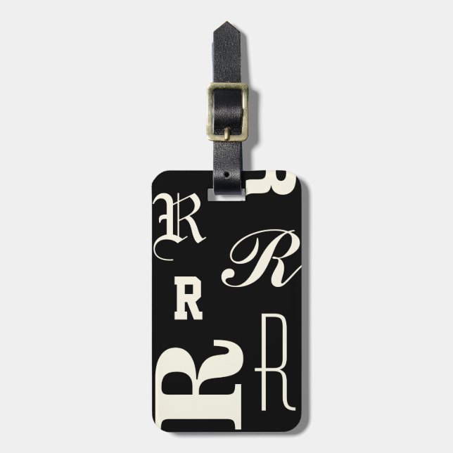 Personlig monogram, typografi initialer, svart bagagebricka (Vertikal Framsida)