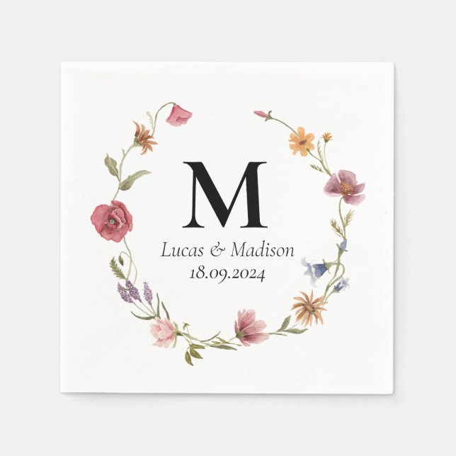 Personlig Monogram Vildblomma Bröllopsservett Pappersservett (Framsidan)