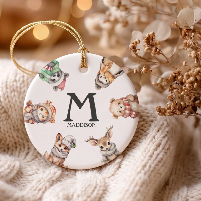 Personlig monogram vinterdjur jul julgransprydnad keramik (Skapare uppladdad)