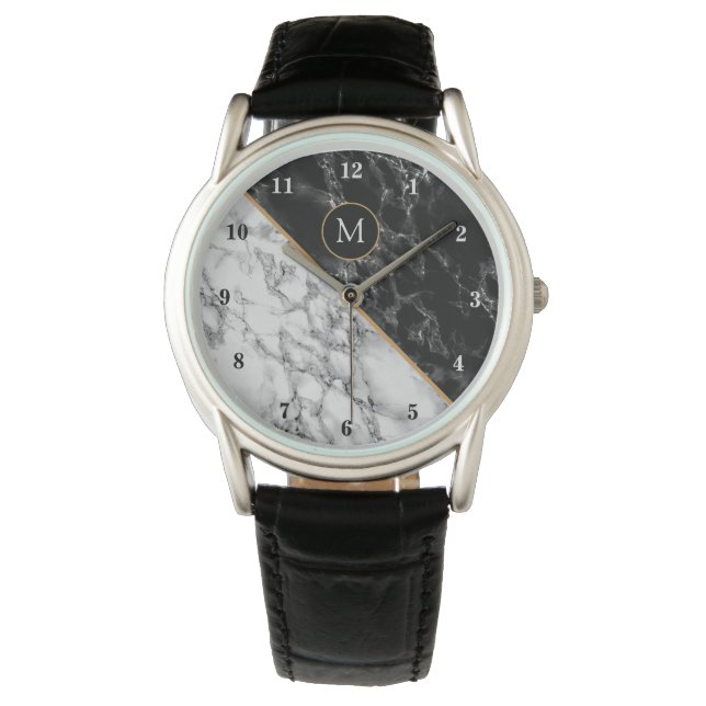 Personlig Monogram Watch Black White Marble Armbandsur (Framsida)
