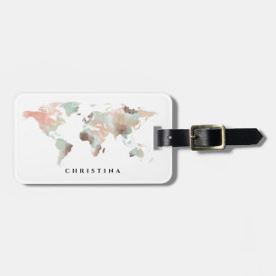 Personlig Monogram Watercolor World Map Travel Bagagebricka