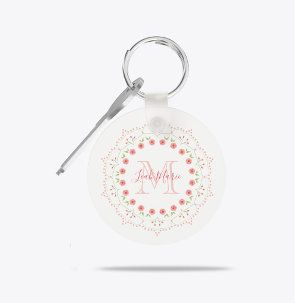 Personlig monogramkrans med persikoblommor nyckelring