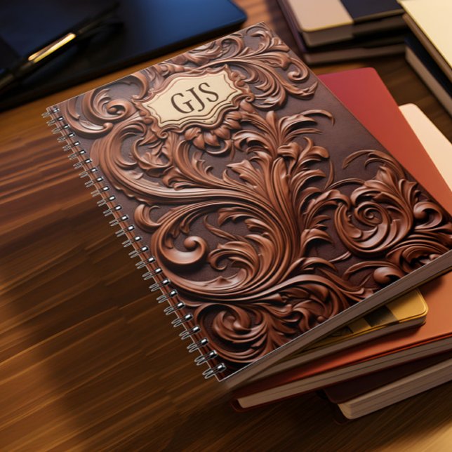 Personlig Monogramme Faux Leather Anteckningsbok (Faux brown leather notebook with monogramme lies on a desk with other books)