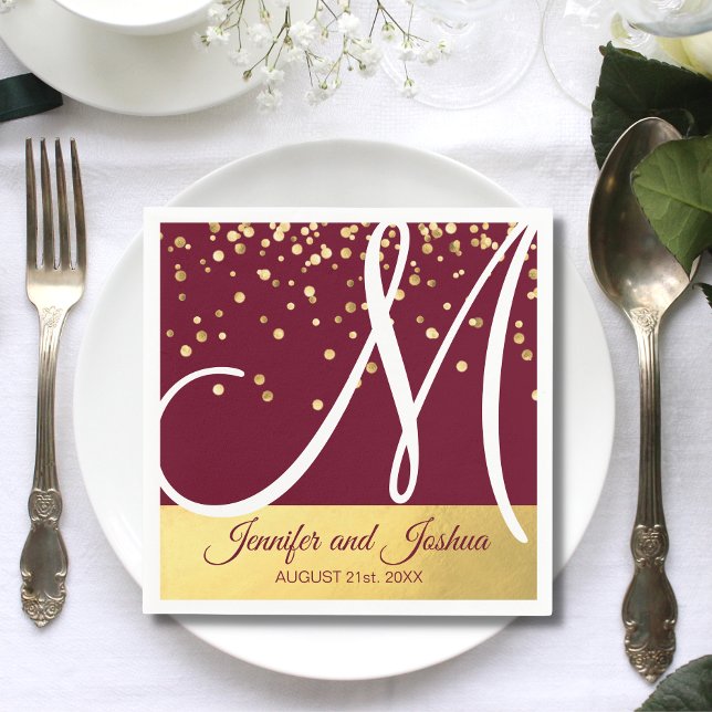 Personlig Monogrammed BURGUNDY Guld Bröllop Pappersservett (Personalized Monogrammed BURGUNDY Gold Wedding Napkin)