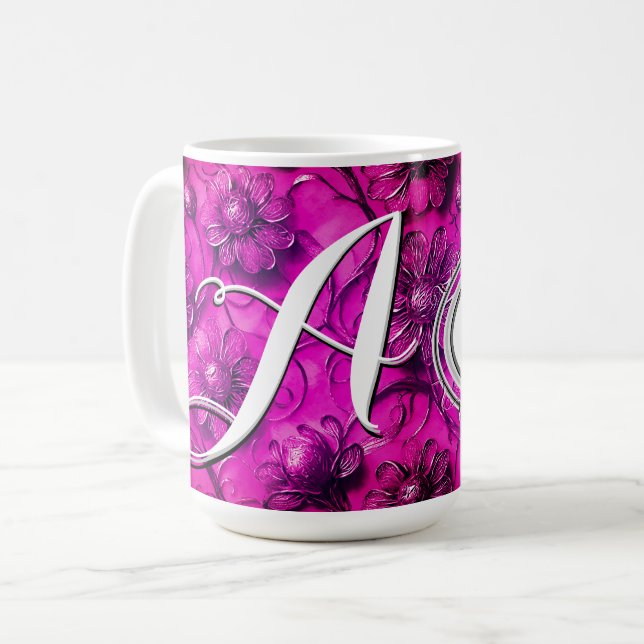 Personlig Monogrammed Rosa Flowers för hennes räkn Kaffemugg (Framsida vänster)