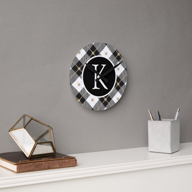Personlig Monogrammed svartvit Guld Play Rund Klocka (Kontor)