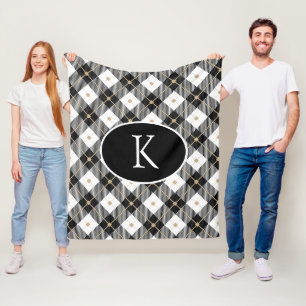 Personlig monogrammerad svart vit guld Plaid Fleecefilt