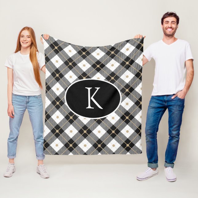 Personlig monogrammerad svart vit guld Plaid Fleecefilt (På plats)