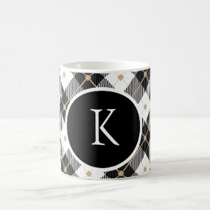 Personlig monogrammerad svart vit guld Plaid Kaffemugg