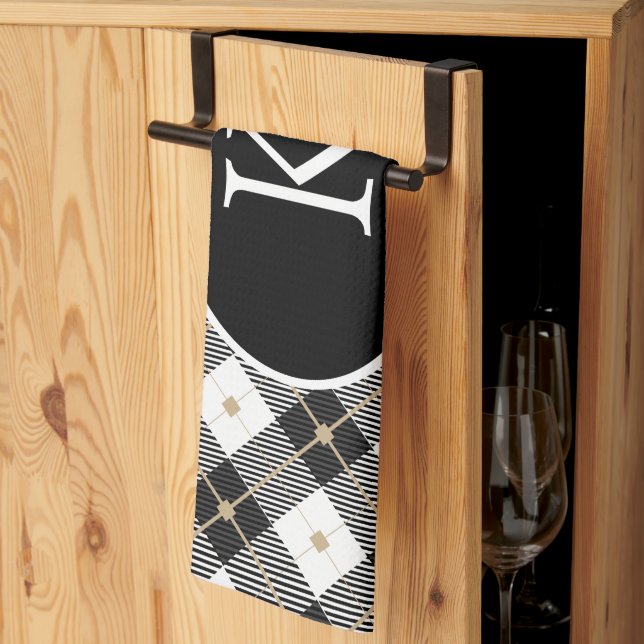 Personlig monogrammerad svart vit guld Plaid Kökshandduk (Thirds Fold)