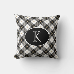Personlig monogrammerad svart vit guld Plaid Kudde