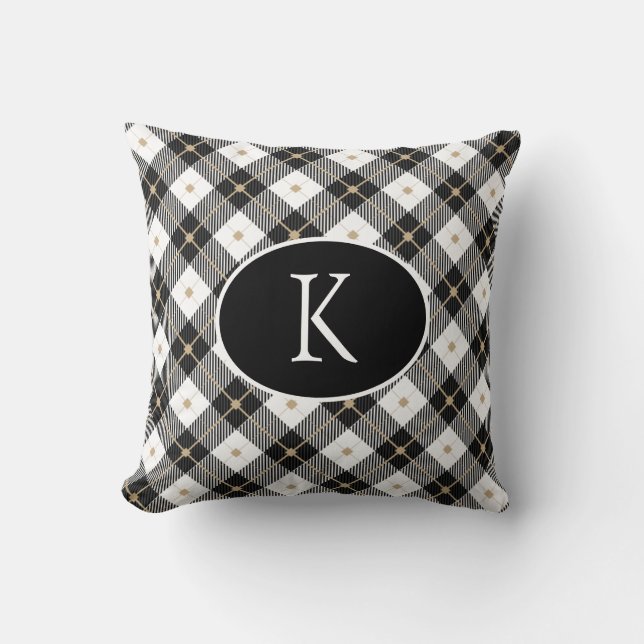 Personlig monogrammerad svart vit guld Plaid Kudde (Framsida)