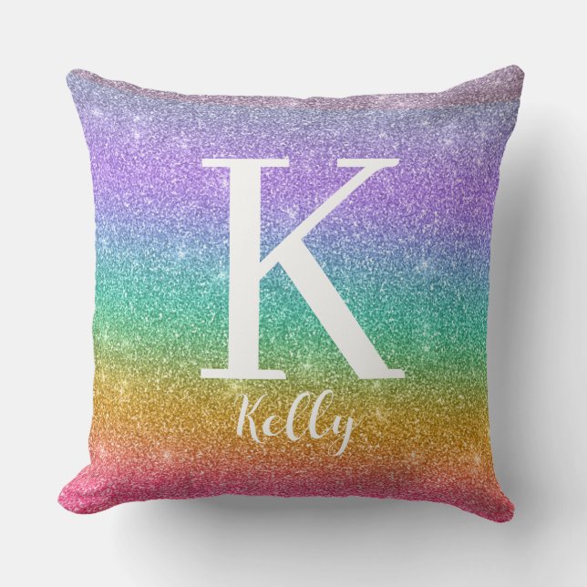 Personlig monogramnamn Falskt glitter Färgglatt Kudde (Framsida)