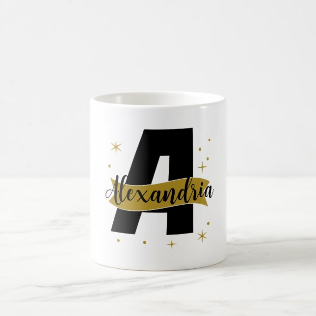 Personlig monogramnamn svart och guld kaffemugg (Center)