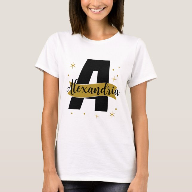 Personlig monogramnamn svart och guld t shirt (Framsida)