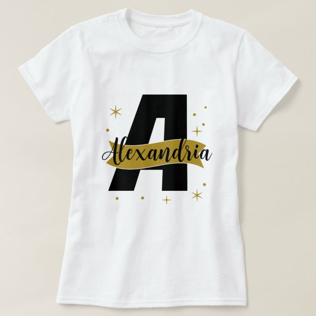 Personlig monogramnamn svart vit guld t shirt (Design framsida)