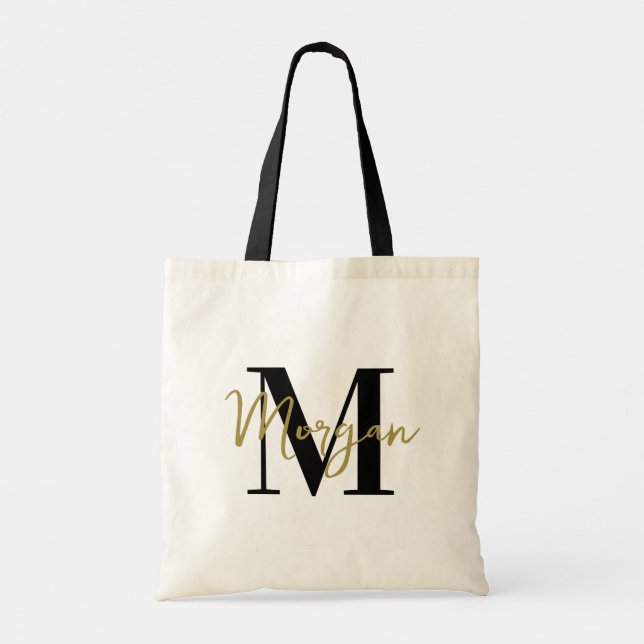Personlig monogramväska – guld och svart tygkasse (Baksida)