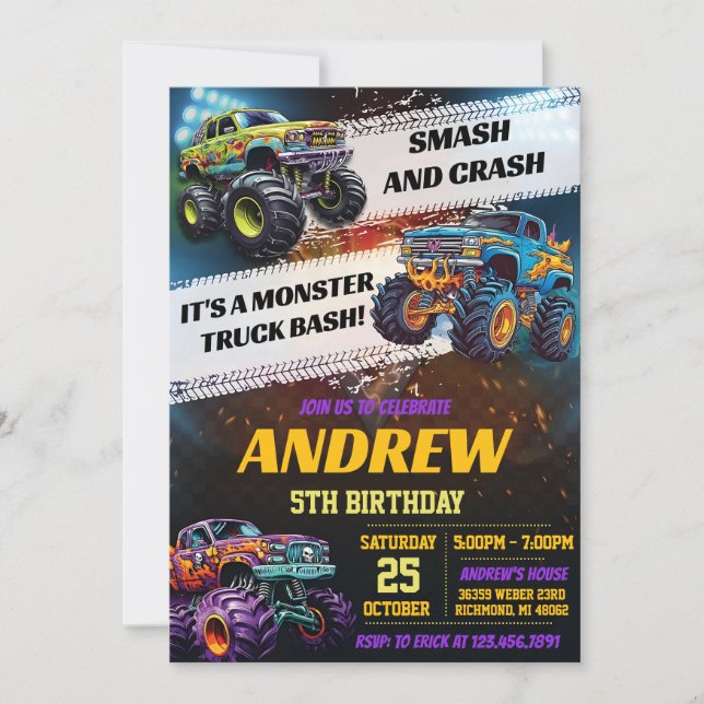 Personlig Monster Truck Födelsedagsfest Inbjudningar (Framsida)