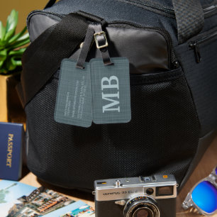 Personlig mörk teal blå grå monogram bagagebricka
