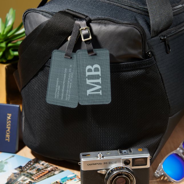 Personlig mörk teal blå grå monogram bagagebricka (Fram & Baksida)