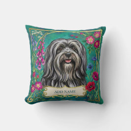 Personlig mörkgrå Lhasa Apso blommig kudde