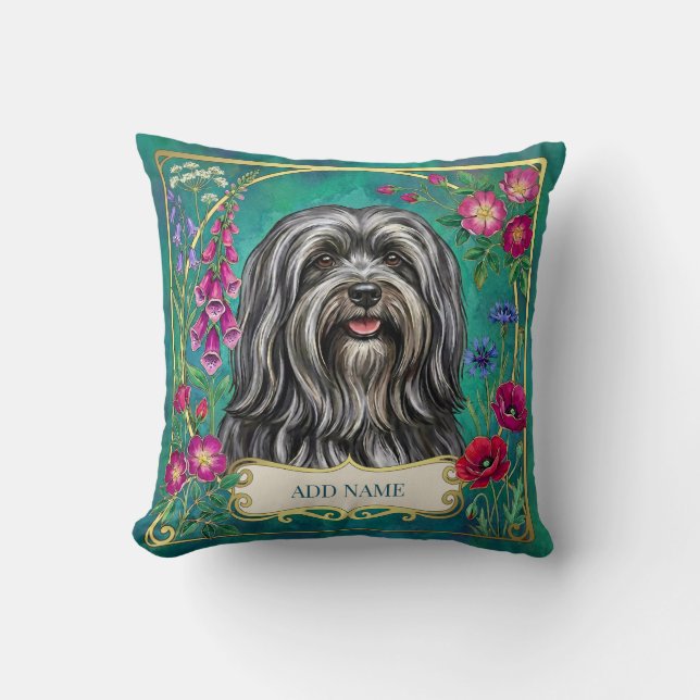 Personlig mörkgrå Lhasa Apso blommig kudde (Framsida)
