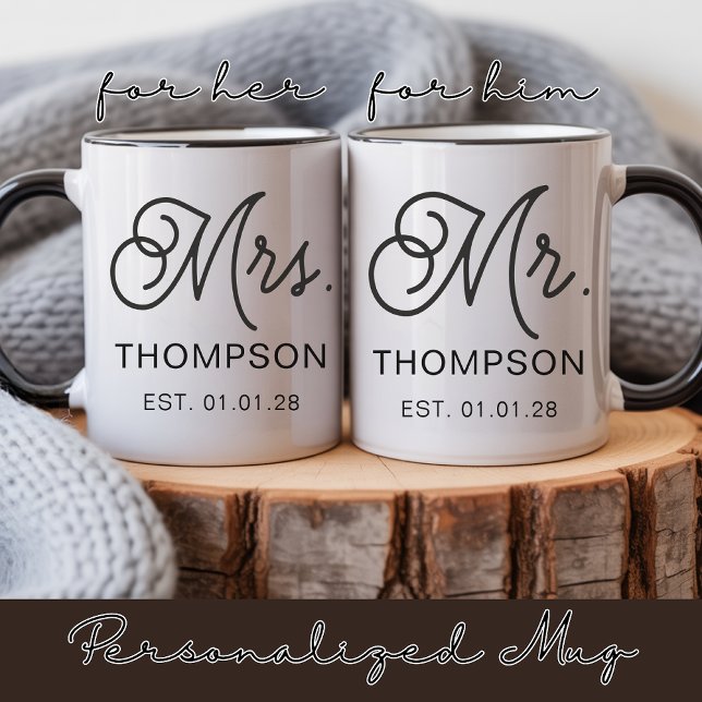 Personlig Mr and Mrs-mugg Bröllopsgåva för par Mugg (Personalized Husband and Wife Mug Anniversary Gift, Modern Script Newlyweds Mug Gift for Her or Him)