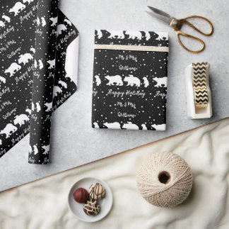 Personlig Mr & Mrs Cute Polar Bear Family Black Presentpapper