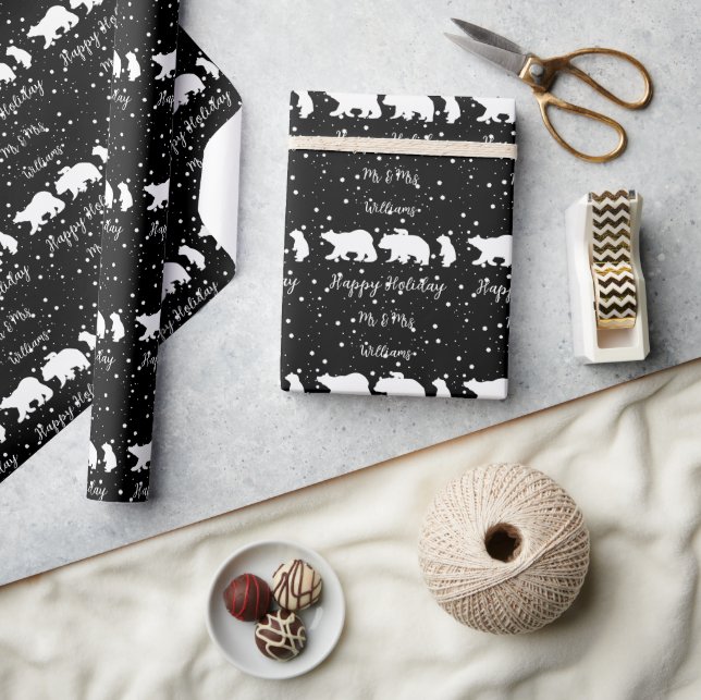 Personlig Mr & Mrs Cute Polar Bear Family Black Presentpapper (Hantverk)