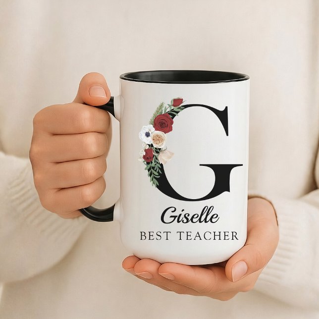 Personlig mugg med blommönster och förkortning - g (Personalized Floral Alphabet Mug Gift for Mom, Teacher, Nurse, Doctor, Coworker, Boss or Bridesmaid)